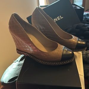 Authentic Chanel Beige and Black Calfskin Quilted with Chain details Wedge Heel